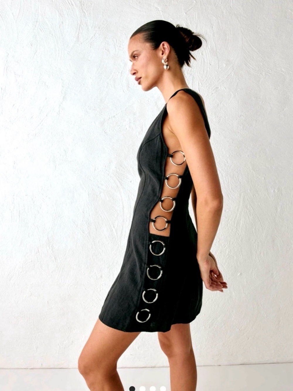 VRG GRL Discoteca Mini Dress Black Linen Silver Rings